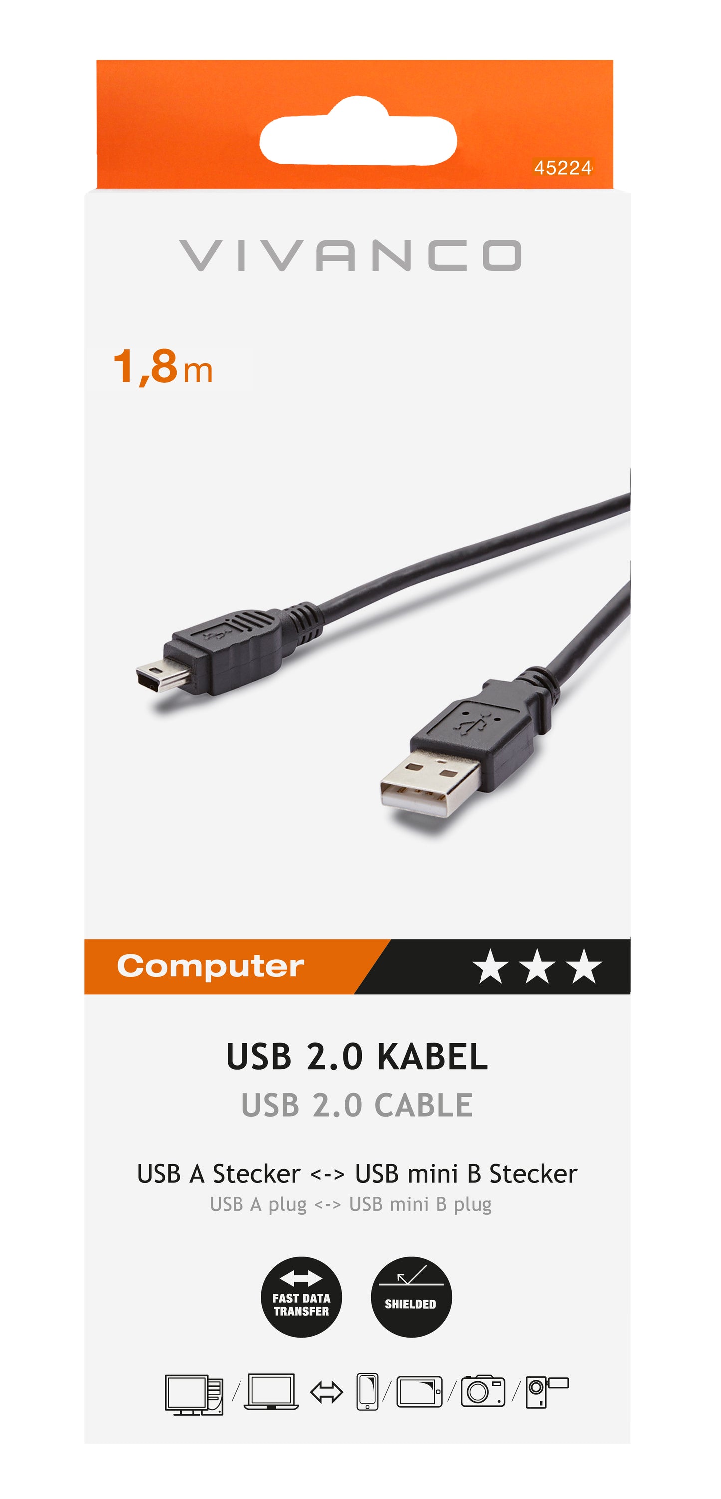 USB 2.0 komp. Verbindungskabel, St.-A – St. mini-B, 1,8 m