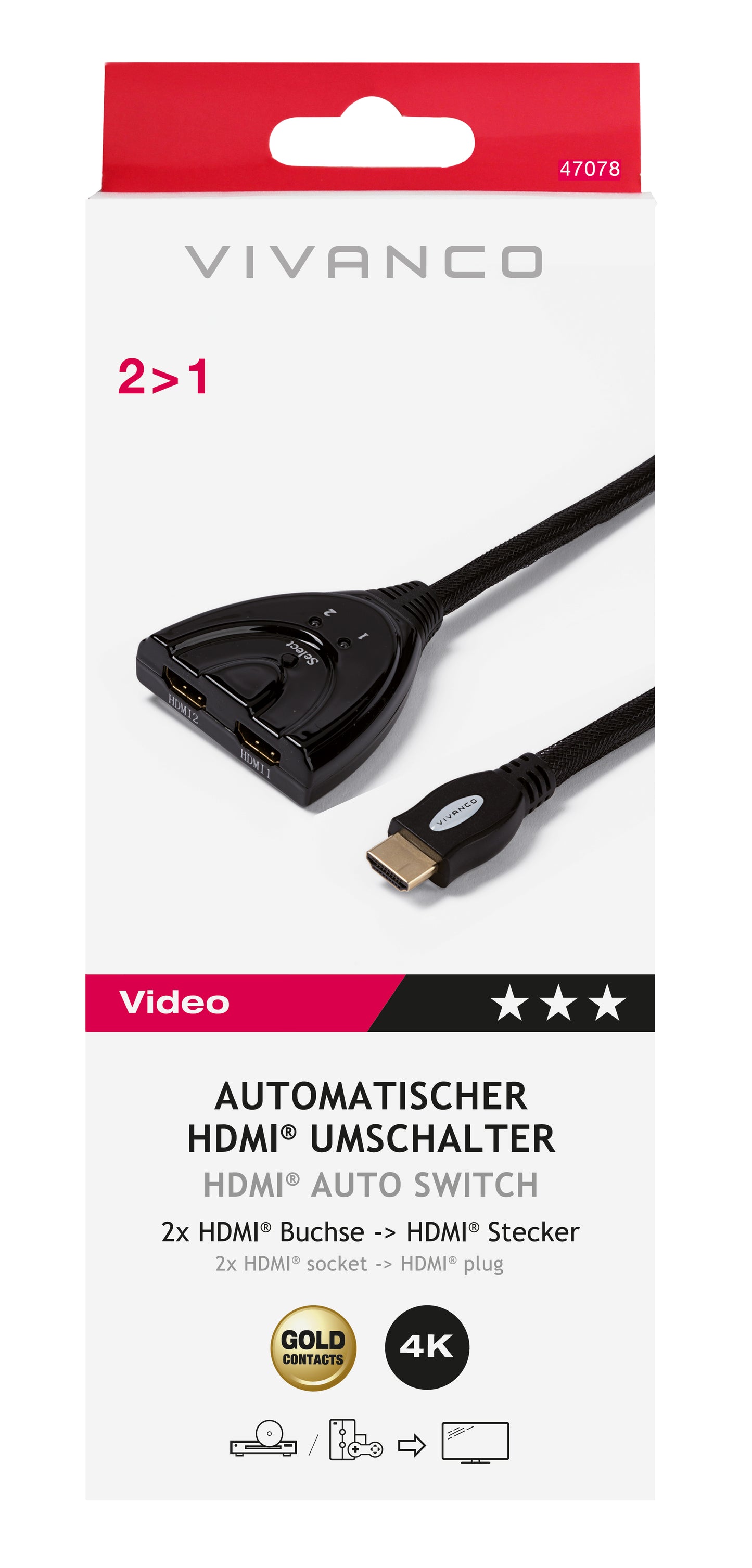 Automatischer HDMI Umschalter, 1080p 2>1