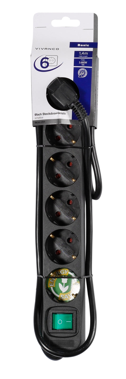 Steckdosenleiste 6 fach, 1.4m, schwarz, 1.5qmm