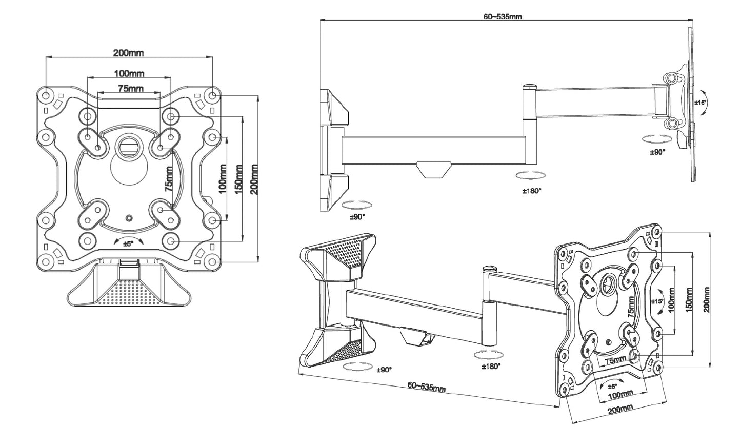 TV Wandhalterung , Full-Motion , VESA 200 , 25Kg