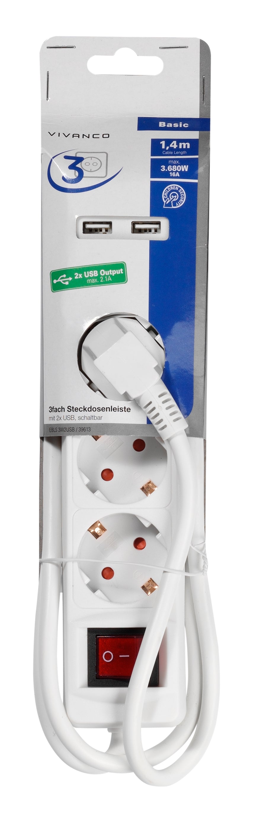 3fach Steckdosenleiste mit Schalter, 2× USB