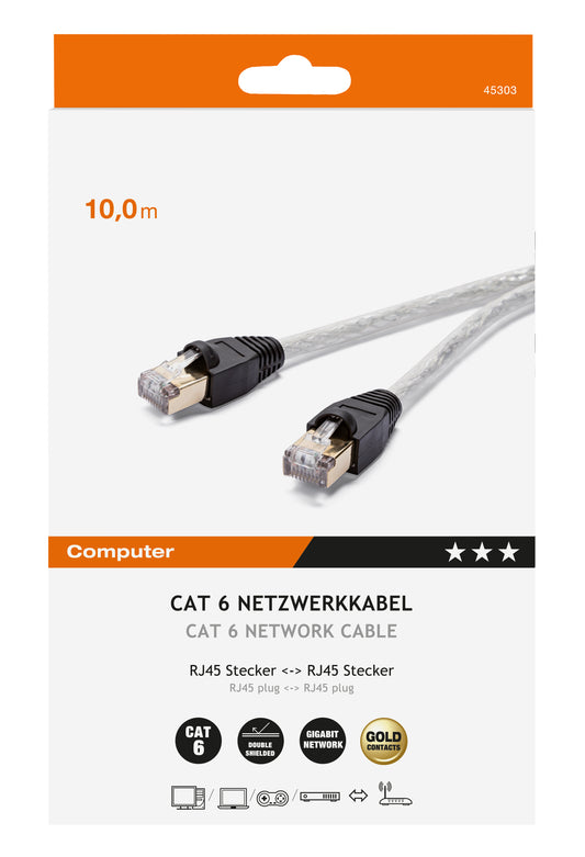 Cat 6 Netzwerkkabel, 1:1, 2× RJ45, 10 m, transparent